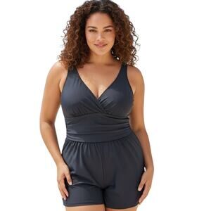 Eagerbuy 1XL Black Swim Romper One Piece Shorts Swimsuit Pockets Tummy Control